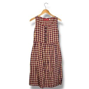 Pyne & Smith XS Linen Midi Dress Brown Red Plaid Check Belted Cottagecore No. 24